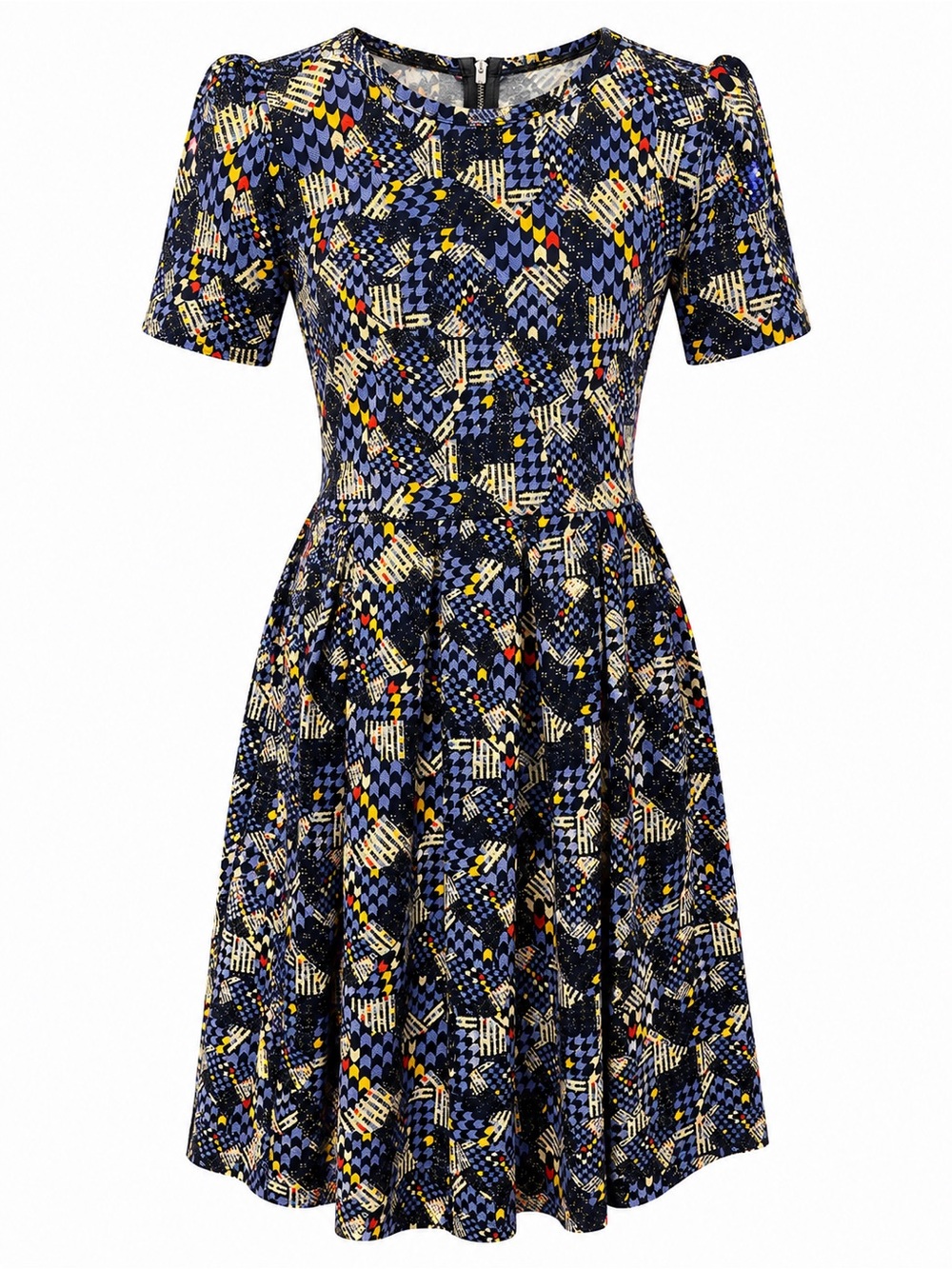 Vintage Inspired Blue Multi-Pattern Fit & Flare Dress